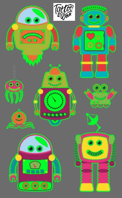 Cute Coloful Robots Glow in the Dark Temporary Tattoo - Image 2