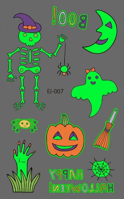 Friendly Ghost, Pumpkin & Skeleton glow in the dark Halloween fake tattoo