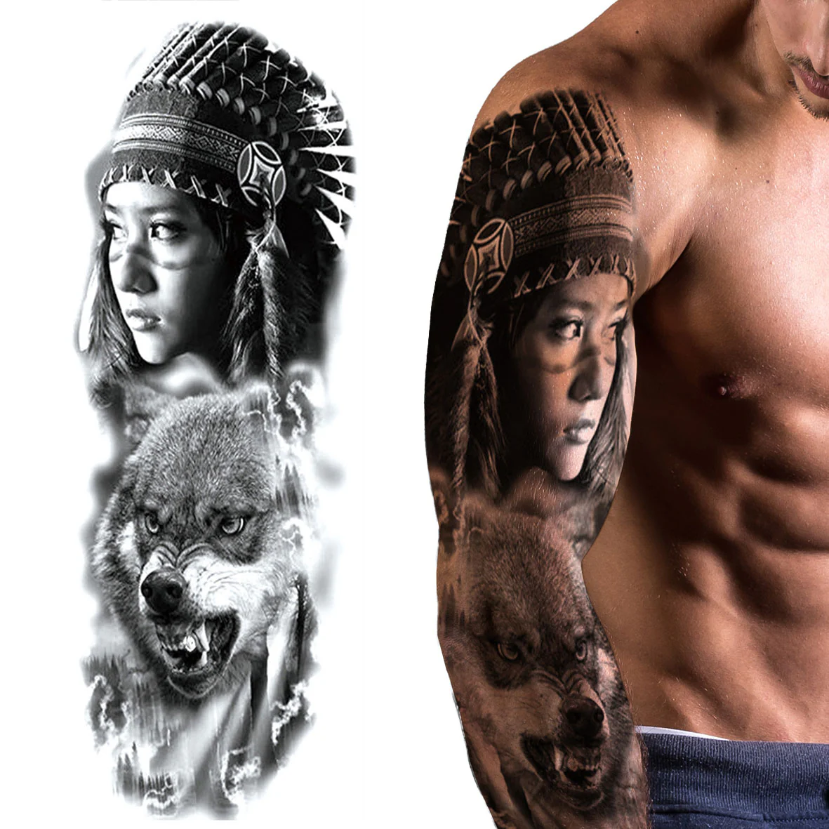 Full Sleeve Arm/Leg Tattoo Indian Girl and Angry Wolf