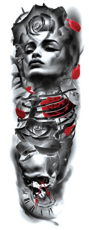 Full Sleeve Arm/Leg Tattoo Lady with Red Roses and Skull