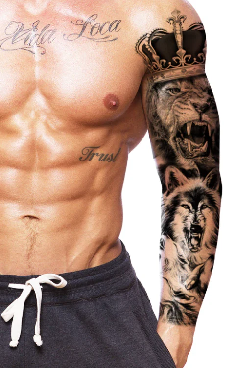 Full Sleeve Arm/Leg Tattoo Lion Howling Wolves - Image 2