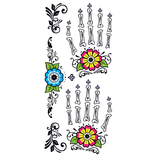 Glitter Flowers Hand Bones Tattoo