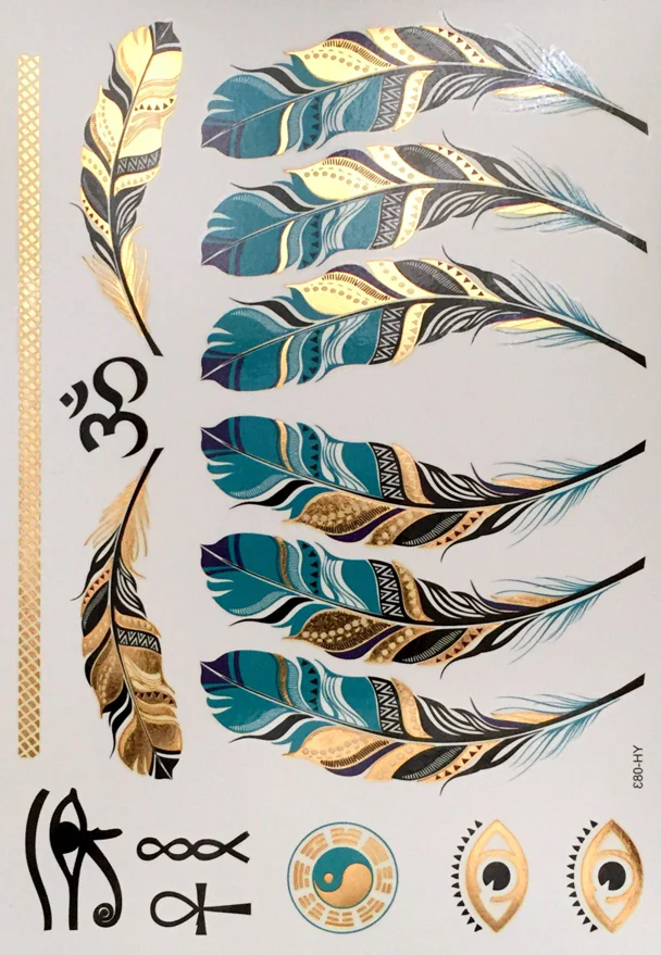 Gold, Green and Black Metallic Feathers (16 Tattoos) - Image 2