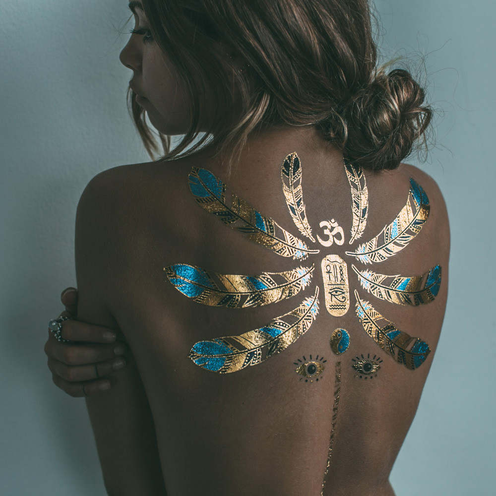 Gold, Green and Black Metallic Feathers (16 Tattoos) - Image 3
